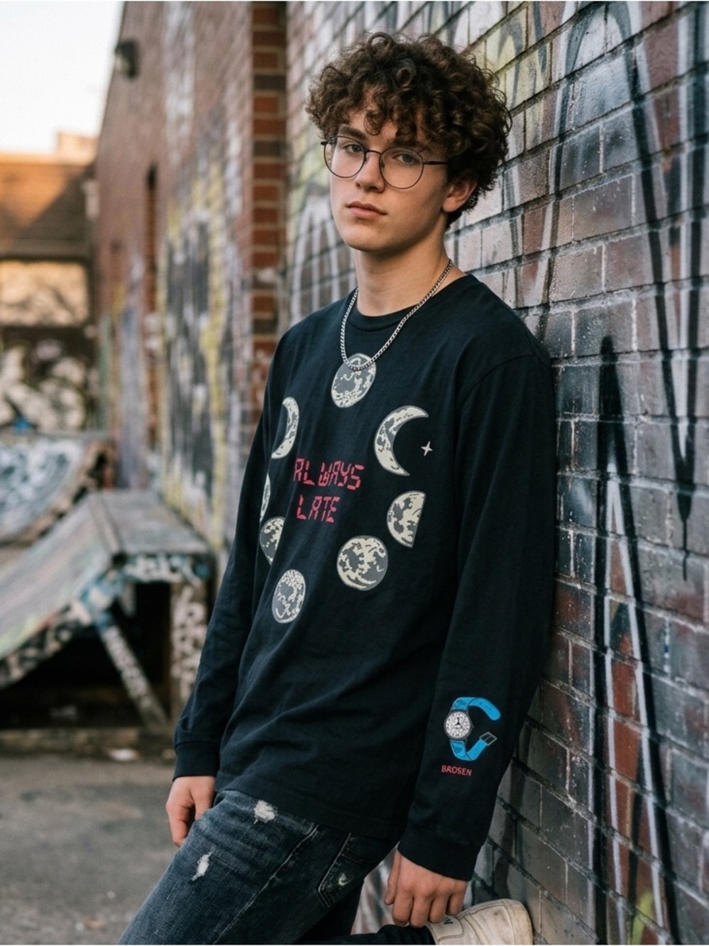 Teddy Fresh "Always Late" Moon Phase Long Sleeve Graphic Tee Black XL